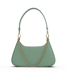 Sage Modern Everyday Baguette Bag With Chain Strap, Elegant Green Shoulder Bag With Chain Strap, Green Versatile Shoulder Bag With Gold-tone Hardware, Green Top Handle Shoulder Bag With Silver-tone Hardware, Green Chain Shoulder Bag, Stylish, Luxury Green Shoulder Bag With Gold-tone Hardware, Bag With Chain, Crescent Shape, Leather Chain