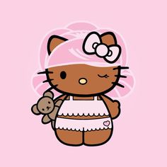 a hello kitty wallpaper with a teddy bear and a towel on it's head