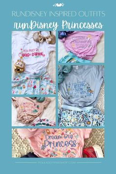 disney princess shirts with the words, rundisney inspired outfits and other things on them