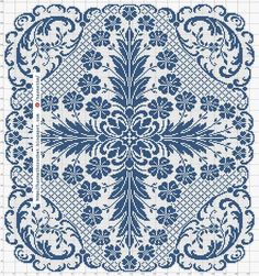 a blue and white cross stitch pattern with an ornate design on the bottom half of it