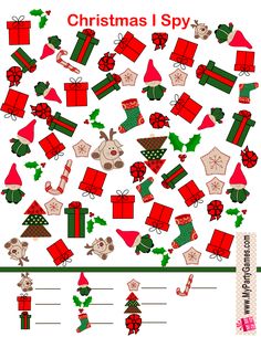 the christmas i spy game is shown in red and green