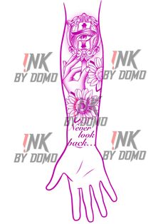 an arm tattoo with flowers on it and the words never look back in pink ink