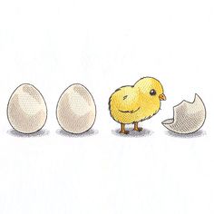 a drawing of an egg being hatched in three stages by a chick and two eggs