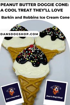 two ice cream cones with sprinkles on them and the words, peanut butter doggie cone a cool treat they'll love