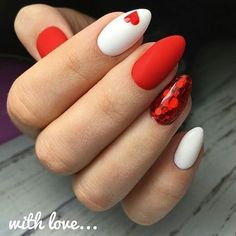 Valentine's day is almost here! Do you like this idea for your nail design? . . . #valentine #rednails #nailsaddict #manikir #manicures… Nail Art Vermelho, Red Nail Art Designs, Red Nail Art, Heart Nail, Nagel Tips, Nail Designs Valentines, Almond Shape Nails, Almond Nails Designs, Almond Acrylic Nails