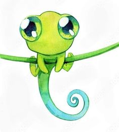 a cute green chamelon with big eyes sitting on a branch