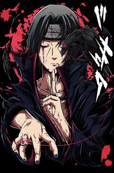 an anime character with black hair and red eyes, holding his hand to his chest