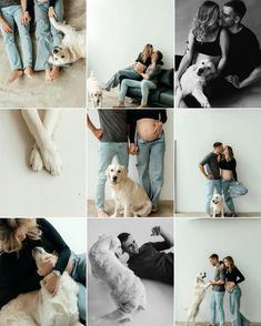 a couple cuddles with their dogs while posing for pictures