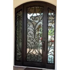 single door with two sidelights and beautiful scrollwork Grill Window, Home Grill Design, Door With Transom, Double Entry Door, Wrought Iron Entry Doors, Wrought Iron Front Door, Single Entry Doors, Front Door Ideas, Wrought Iron Door