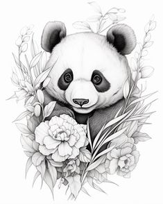 a black and white drawing of a panda bear surrounded by flowers