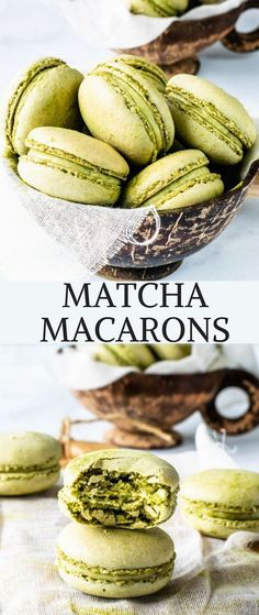 matcha macarons are stacked on top of each other and in the middle