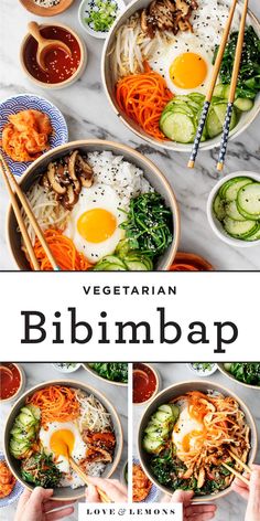 vegetarian bibimbap recipe in bowls with chopsticks and vegetables on the side