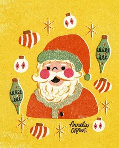 an old fashioned christmas card with santa claus and ornaments around him on a yellow background