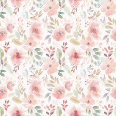 watercolor flowers on white background with green leaves and pink flowers in the center, seamlessly