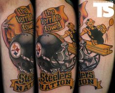 tattoos on the legs of people with football helmets