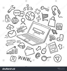 hand drawn doodles on the theme of internet and social media, with icons such as