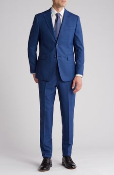 A subtle plaid elevates this trim-fit suit tailored from a wool blend with a hint of stretch and notched lapels. 36 1/4" inseam; 7 3/4" leg opening; 10 1/2" rise (size 38R) Jacket has notched lapels; chest welt pocket; front flap pockets Unhemmed Lined 90% wool, 10% polyester Dry clean Imported Fitted Suits For Business Trips, Professional Fitted Suits For Business Trips, Fitted Professional Suits For Business Trips, Classic Fitted Suits For Business Trips, Trim Fit, Fitted Suit, Tailored Suits, Suit Separates, Flap Pocket