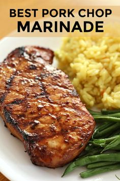 the best pork chop marinade is served with green beans and mashed potatoes on a white plate