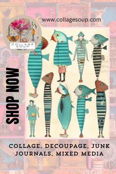 A colorful and whimsical Pinterest Pin showcasing the book "Something Fishy" by Collage Soup. The image features a vibrant book cover with quirky fish-themed designs and a few sample pages displaying unique collage papers. The text overlay reads, "Order Now on Amazon," inviting viewers to purchase the book. The background includes playful underwater elements to highlight the aquatic theme. Themed Collage, Collage Fodder, Collage Papers, Decoupage Diy, Fish Crafts, Gelli Printing, Fishing Theme