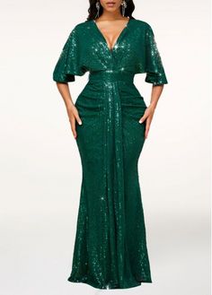 Color:Blackish Green;Size:M;Package Contents:1 X Dress;Occasion:Work;Style:Elegant; Cocktail Dress Elegant, Maxi Bodycon Dress, Bodycon Cocktail Dress, Gown Styles, Evening Dresses With Sleeves, Dress Sleeve Styles, Green Maxi, Half Sleeve Dresses, Green Sequins