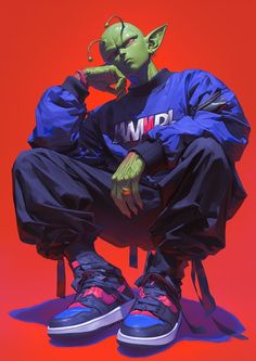 a man sitting on top of a chair wearing blue and green clothing with an alien head