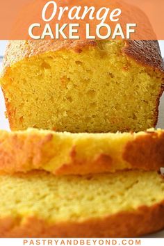 a loaf of orange cake loaf sitting on top of a white plate with text overlay