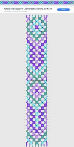 a cross stitch pattern in purple, green and blue with an arrow on the bottom