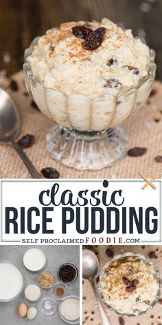 an image of rice pudding in a glass bowl with raisins on the side