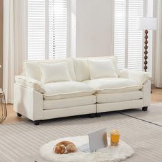 a dog laying on top of a white rug in front of a couch with pillows