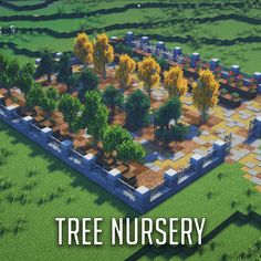 an aerial view of a tree nursery in the middle of a green field with trees