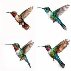 four different colored hummingbirds flying in the air