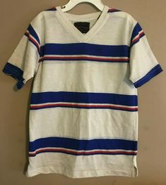 Boy's Pure Vintage Size 7 - White Striped V-Neck Short Sleeve Tee Shirt Top. Sleeve Length = 6.5" & Chest (underarm to underarm) = 14" & Length = 20". 65% Polyester & 35% Cotton. Your happiness and my rating are very important to me. If you are unhappy with any item you win, please contact me and I would really like to work with you. All items are to be paid within 3 days of purchase of item. If payment is not received, it will be relisted. Thank you for looking at this item. Have a great day. Vintage Cotton V-neck Top, Striped Cotton V-neck T-shirt, Striped Cotton V-neck Shirt, Striped V-neck Cotton Shirt, Vintage White V-neck Top, Retro Striped V-neck Top, Retro Cotton V-neck Tops, Vintage Cotton V-neck T-shirt, Vintage Blue V-neck Top