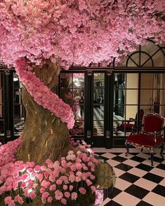 a large tree with pink flowers on it in the middle of a checkered floor