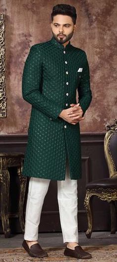 Green color IndoWestern Dress in Art Silk fabric with Embroidered work Wedding Dress With Multicolor Embroidery And Motifs, Ceremonial Fitted Gown For Eid, Green Embroidered Dress For Ceremony, Green Dresses With Intricate Embroidery For Ceremony, Elegant Fitted Dress With Motifs, Fitted Kurta With Chikankari Embroidery For Ceremony, Ceremonial Green Dress With Intricate Embroidery, Formal Green Gown With Resham Embroidery, Green Dresses With Zari Work For Ceremonies