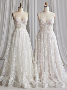 two wedding dresses on mannequins in front of white curtains