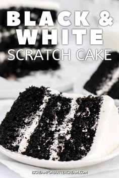 a slice of black and white cake on a plate