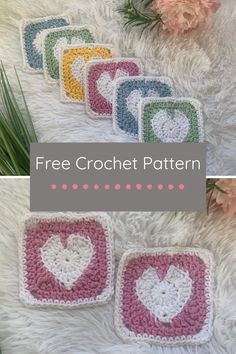 four crocheted squares with hearts on them and the text, free crochet pattern