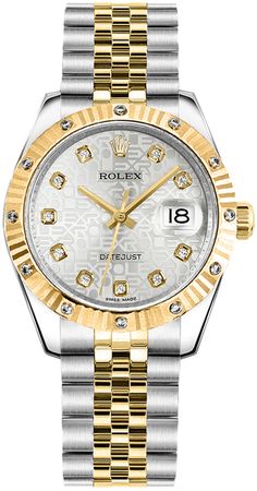 178313 | M178313-0028 ROLEX DATEJUST 31 LUXURY WOMEN'S WATCH Usually ships within 3 months | View In Stock Rolex Watches - Free Overnight Shipping - With Manufacturer Serial Numbers - Swiss Made - Jubilee Silver Dial Set with Diamonds - 18k Yellow Gold Fluted Bezel - 12 Diamonds Set on Bezel - Self-winding Automatic Movement - 6 Year Warranty - Guaranteed Authentic - Certificate of Authenticity - Manufacturer Box & Manual - Solid 18k Yellow Gold & 904L Oystersteel Stainless Steel Case & Jubilee Bracelet - Scratch Resistant Sapphire Crystal - 100 Meters / 330 Feet Waterproof - 31mm = 1 1/4" Case, 6" Adjustable Bracelet - Deployment Buckle - Screw Down Crown & Caseback - Free Bracelet Sizing     Also Known As Model # 178313-SLVJDJ Rolex Women, Rolex Men, Authentic Watches, Free Bracelet, Store Display, Women's Watch, Rolex Datejust, Watch Sale, Swiss Made