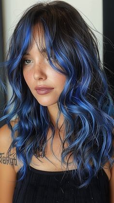 12 Elegant Hair Color Ideas for Dark Hair Blue Hair With Brown, Dark Brown Hair Ideas With Highlights, Hair Colour Ideas Bright, Brown With Blue Hair, Brown And Dark Blue Hair, Pastel Balayage, Dark Brown With Blue Highlights, Brunette Hair With Blue Highlights, Blue On Brown Hair