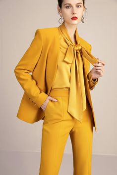 Yellow Blazer Blouse and Pant Suit Set - FashionByTeresa Yellow Work Outfit, Pant Suit Set, Blazer Blouse, Take A Risk, Monochromatic Fashion, Yellow Suit, 2024 Outfits, Yellow Blazer, Fashion Design Collection