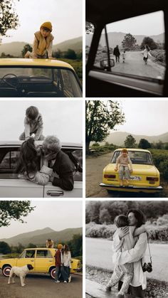 four different pictures of people in the back of a car, one with a child on top