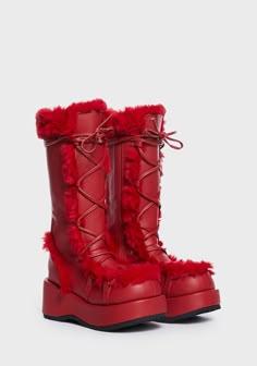 Faux Fur Lined Platform Boots With Round Toe, Faux Fur Lined Round Toe Platform Boots, Faux Fur Platform Boots With Round Toe, Winter Faux Fur Platform Boots With Round Toe, Red Platform Boots, Red Combat Boots, Cute Snow Boots, Shoes Platform Boots, Chic Black Outfits