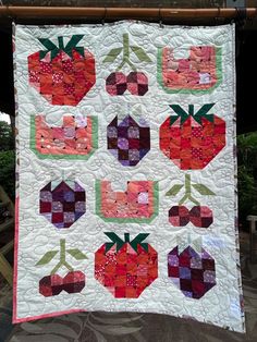 a quilted wall hanging on the side of a building with apples and cherries