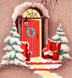 a painting of a red door in the snow