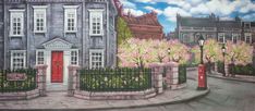 a painting of a city street with trees and flowers painted on the side of it