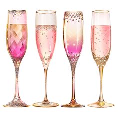 three champagne flutes are lined up in different colors and designs, one is pink the other is gold