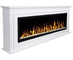 a white wall mounted fireplace with flames on the front and back sides, against a white background