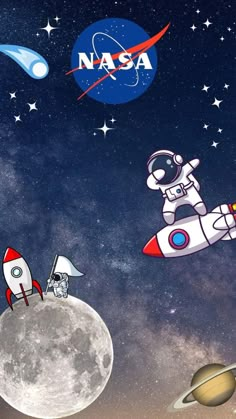 an astronaut is flying over the moon with his space shuttle and other planets in the background