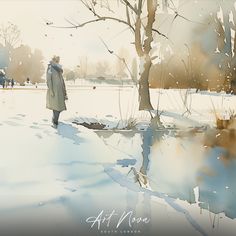 a painting of a man walking in the snow