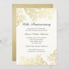 an elegant 50th anniversary party card with gold foil flowers